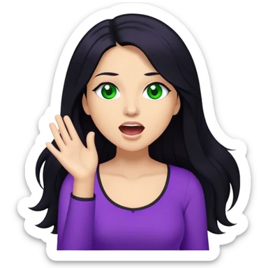 Woman with long black hair and green eyes with a purple top singing sticker