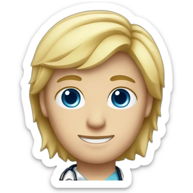 doctor with blond hair and blue eyes and red face sticker
