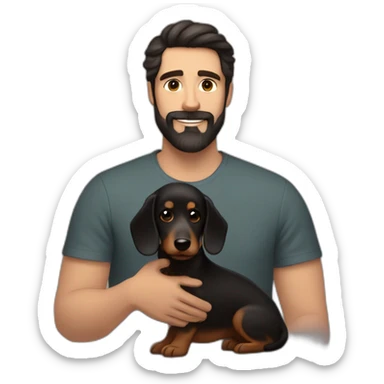 dark haired man with beard petting a dark haired daschshund sticker