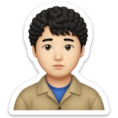 a Korean man in 20s with a curly hair and bangs, chubby cheeks, big monolid eyes , dark eyebrow, sticker