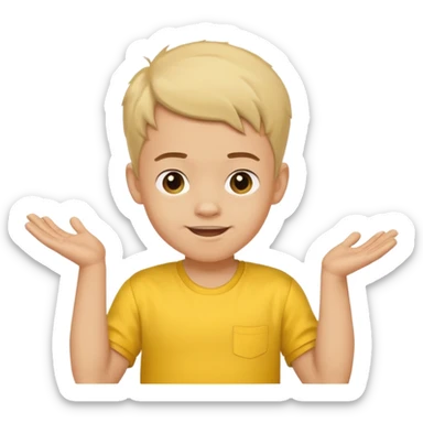 boy with baby hair cut shrugging his shoulder, wearing yellow shirt and smile sticker