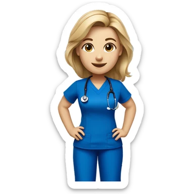 white female nursing school student with dirty blonde hair in royal blue scrub top and royal blue scrub pants with a stethoscope around her neck sticker