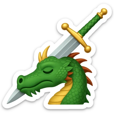 Make the sword much larger, keep the green dragon's head defeated, symbolizing conquering a challenge, in WhatsApp emoji style with no background. sticker
