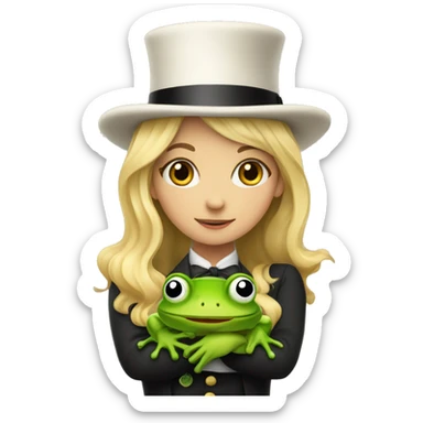 A blonde girl wearing 3 top hats on top of each other holding a frog  sticker
