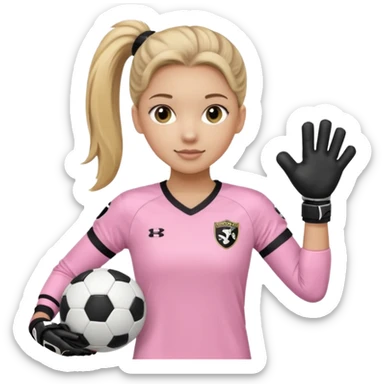 Make a dirty blonde football goalkeeper with goalkeeper gloves on holding a regular  The girl is light skinned and wearing a light pink football. Wearing a ponytail with the dirty blonde. Make it without the whole body. With full sleeves. WITHOUT A RUGBY BALL JUST REGULAR BLACK AND WHITE BALL sticker