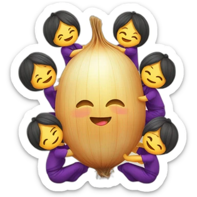 group of kawaii onions doing a catalan castellers 3 de 6 sticker