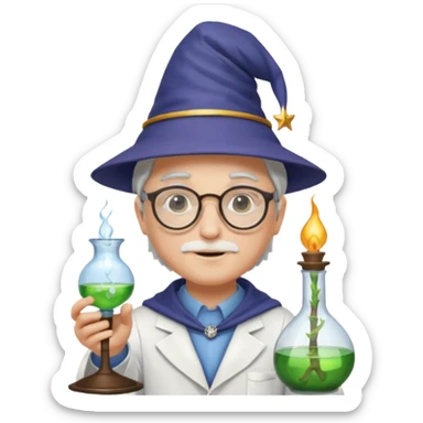scientist with glasses, wearing wizard hat custome, with glass vase sticker