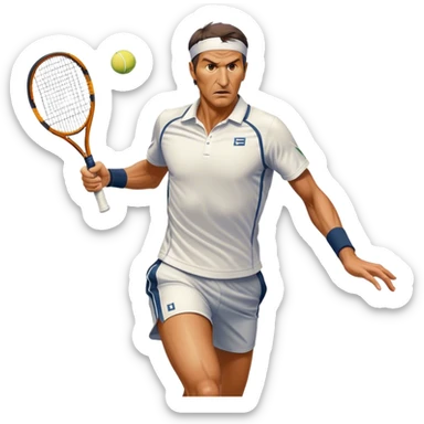Cinematic Realistic portrait of Goran Ivanišević, depicted as an iconic tennis player in dynamic motion with detailed athletic gear and intense focus, illuminated by bold stadium lighting that accentuates his competitive spirit. sticker