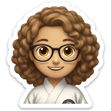 create an emoji of a girl with wavy hair, down to her shoulders, in brown, with glasses, smiling and in a jiu jitsu kimono sticker