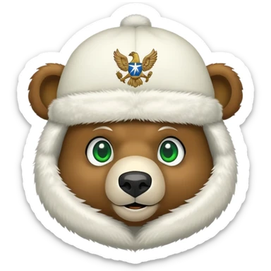 Simple cartoon bear face with green eyes and small smile, white furry ushanka hat with minimal Russian Federation eagle emblem, iOS emoji style sticker