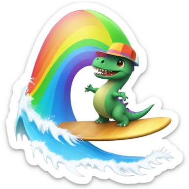 dinosaur surfing with a rainbow hat sticker