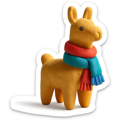 llama in claymation style wearing a colorful scarf with a matte finish sticker