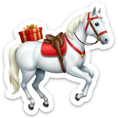 christmas white horse with a red saddle with gift box on saddle sticker