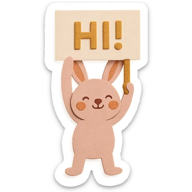full-body rosy bunny holding a signboard high above its head, paper-craft style sticker
