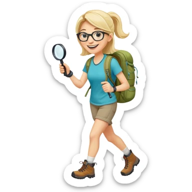Extremely happy joyful woman in her late 30s with glasses wearing sporty outfit, hiking boots, and backpack, holding a magnifying glass with big smile sticker