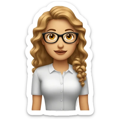 Mujer blanca de 45 años con el pelo rizado largo de color castaño con gafas y los ojos castaños con la nariz grande vestida de ejecutiva trabajando mucho  sticker