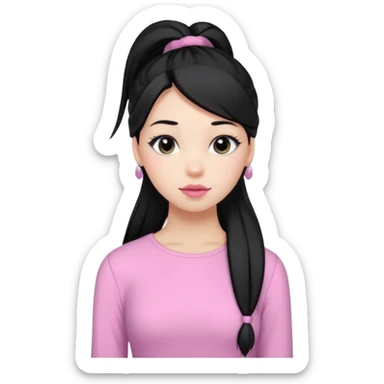 a woman with long sleeve dress top, her hair is long black pony tail, her face is soft girl style, her eyes color are black and the color of her lip is soft pink sticker