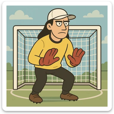 un portero de fútbol con uniforme amarillo, gorra blanca, cabello largo negro, pantalón negro, guantes rojos y expresión seria, estilo cartoon sticker