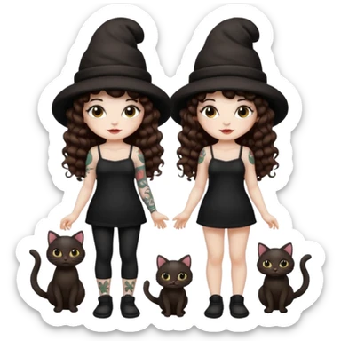 full body woman long curly brown hair brown eyes white skin tattoos black cat at feet, both wearing matching mushroom hats sticker