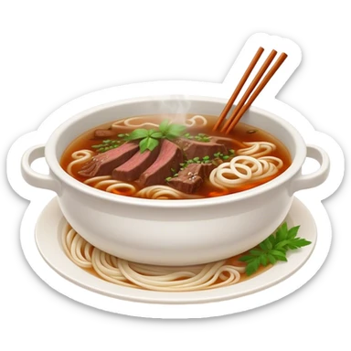 Cinematic Realistic Pho Dish Emoji, depicted as a steaming bowl of aromatic beef noodle soup with herbs rendered with lifelike textures and vibrant, warm lighting. sticker