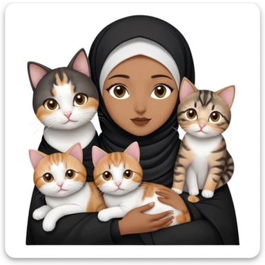beautiful brown skin hijabi with dark brown eyes and black hijab with (one chubby calico cat, one chubby tabby cat, one tabby cat with left cataract eye, one tabby mix white cat, one black cat and marble tabby kitten) make holding one of the cat sticker