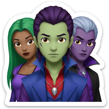 Solo poly platonic relationship, one African girl, one Asian boy, one biracial features Asian tomboy girl rat-tail hair long and upper masculine hair 90s, vampire and marvel cosplay elements inspired  use marvel race, like instead of obvious human, green purple blue etc,  sticker