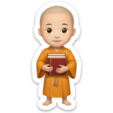 A young monk carrying a stack of ancient books, slightly wobbling but smiling softly.
 sticker