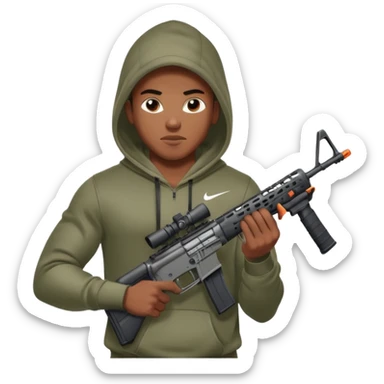 
Fais moi un jeune afro américain qui ressemble a un gangster qui tient une AR15 avec un hoodie a capuche, capuché, avec la cagoule nike therma fit hood sticker