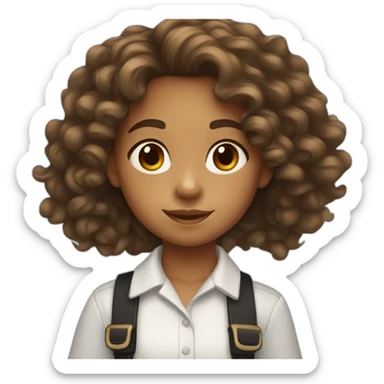 9 year old girl with long curly brown hair wearing a white shirt with black letters sticker