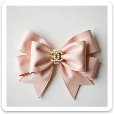 elegant bow with pearls and gold Chanel logo, glossy, pastel colors, realistic style sticker