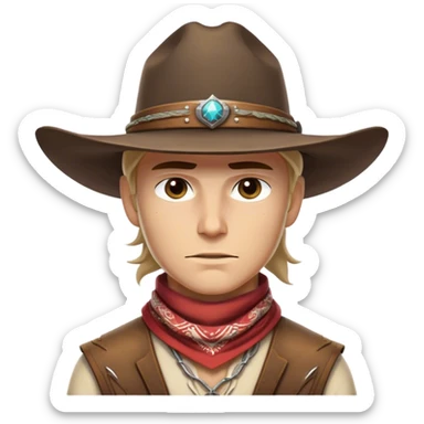 Clash of Clans aesthetic friendly Cowboy Portrait Emoji, With a rugged yet stylized build wearing a classic wide-brimmed hat and bandana, his face rendered in a natural skin tone (not yellow), determined eyes and a steely gaze, Simplified yet dynamic features, highly detailed, glowing with a warm, sunlit frontier radiance, high shine, brave and spirited, stylized with an air of Wild West heroism, focused and ready, soft glowing outline, capturing the essence of a fearless cowboy adventurer ready to ride into epic quests! sticker