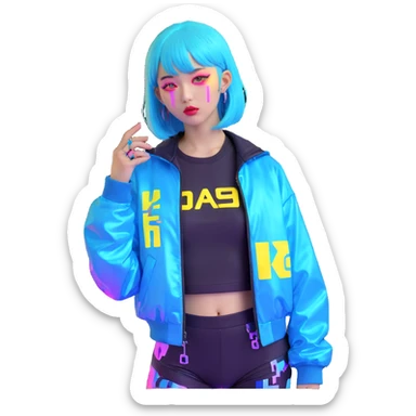 Cyberpunk Japanese girl with neon blue wig, holographic jacket, digital glitches effect, dark background with purple neon glow sticker