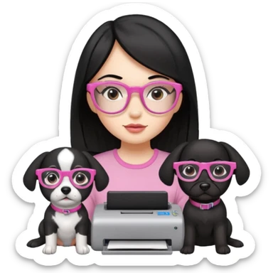 Una chica con pelo negro y lentes rosados, con una impresora negra y dos perras, la primera de color marron y la otra negra sticker