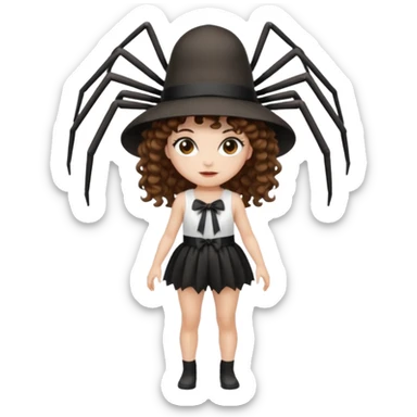 full body woman short curly brown mullet hair brown eyes white skin wearing spider hat and silk ribbon outfit sticker