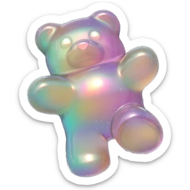 hyper-realistic 3D rendering of a translucent, glistening duochrome gummy bear mid-bounce, its plump body captured in dynamic motion as if frozen in time. The candy's surface refracts light like real gelatin, with sticky highlights gleaming along its curved edges and subtle sugar granules  sticker