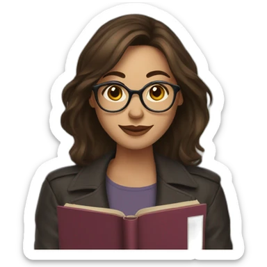 woman with glasses and medium length brunette hair halding a book sticker