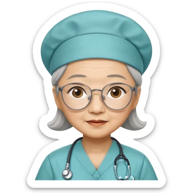 OLD ASIAN WOMAN WITH GLASSES, NURSE SCRUBS, CAP, HIDDEN HAIR sticker