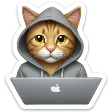 cat with hoodie and a macbook sticker