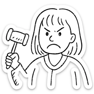 angry judge with blonde shoulder-length hair and bangs sticker