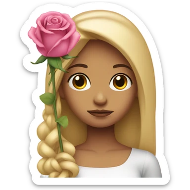 Sad looking blonde girl holding a pink rose sticker