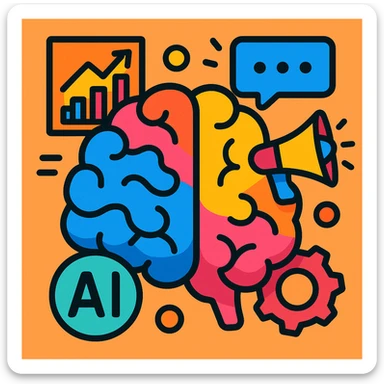 stylized brain with marketing symbols like graph and chat bubble, showing AI-driven marketing innovation, vibrant toon style sticker