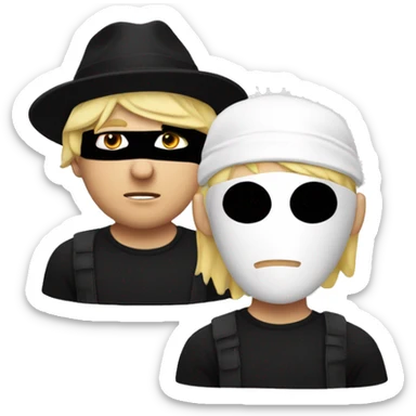 Blond man with white and black t shirt a black hat and a robber mask sticker