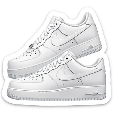 A pair of all-white Nike Air Force 1 sneakers positioned with one behind the other, clean white leather, classic AF1 silhouette, chunky sole sticker