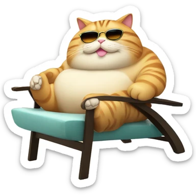 Fat cat sun bathing on a lounge chair with a drink in hand sticker