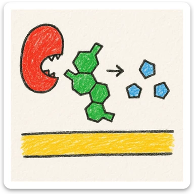 Ultra-detailed illustration of enzyme digestion: Red amylase breaking green starch into sugars near a yellow cell membrane. Clean white background, no text. Scientific but simple sticker