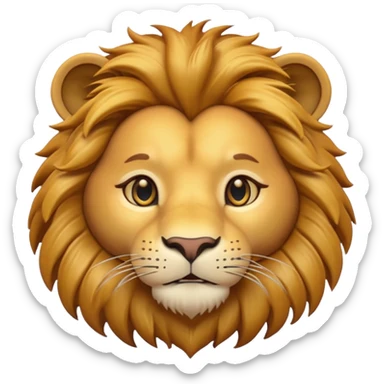 A 3D cartoon lion face close-up with fine whiskers and golden fur detail, soft natural light, strong majestic look, Memoji-style realism. sticker