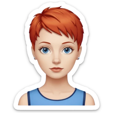 27 year old white woman, red hair, pixie cut, blue eyes sticker