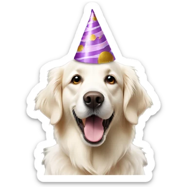white golden retriever with birthday cake and party hat sticker