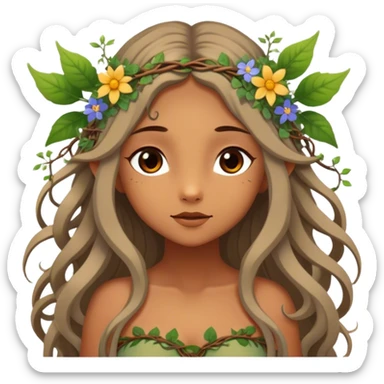 Cinematic Realistic Forest Nymph Fairy Portrait, depicted with lifelike, sun-kissed tanned skin that radiates an earthy glow, softly illuminated by natural, dappled light. Her long, flowing hair is intricately detailed and interwoven with delicate vines and wildflowers, while her deep, soulful eyes mirror the wisdom of the forest. Dressed in an attire inspired by nature’s palette—with subtle botanical motifs—the portrait exudes a soft, enchanted glow that melds realism with woodland magic. sticker
