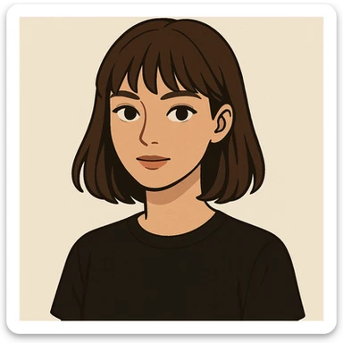 female character with brown hair and bangs, brown eyes, black shirt, minimal background, modern style sticker